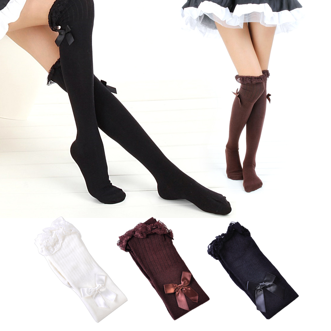 Women/'s Girls Thigh High Stockings Over the Knee Socks with Satin Bows